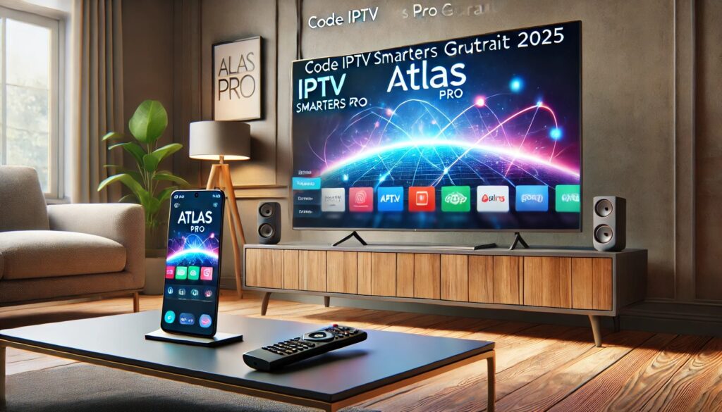 Widescreen view of a smart TV displaying IPTV Smarters Pro interface, with Atlas Pro branding and Code IPTV Smarters Pro Gratuit 2025 on a smartphone and remote in a stylish living room.