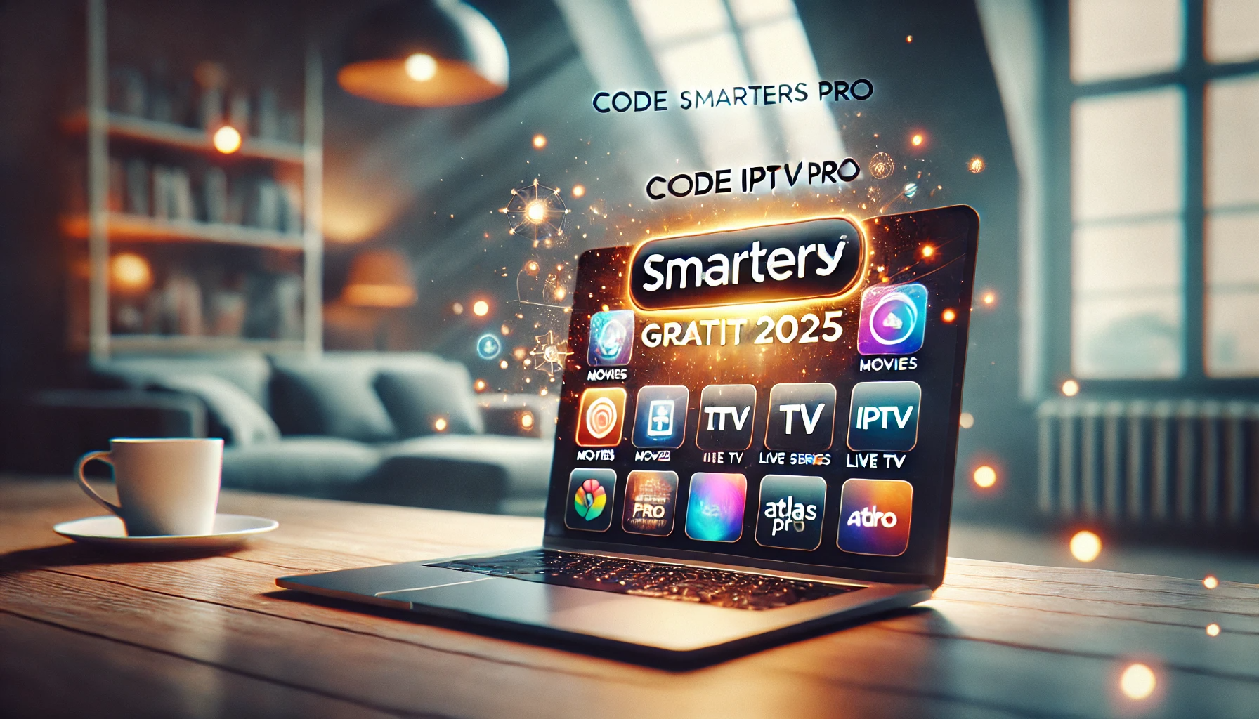 Code IPTV Smarters Pro Gratuit 2025 affiché sur un écran d'ordinateur avec une interface IPTV moderne et l'offre exclusive Atlas Pro