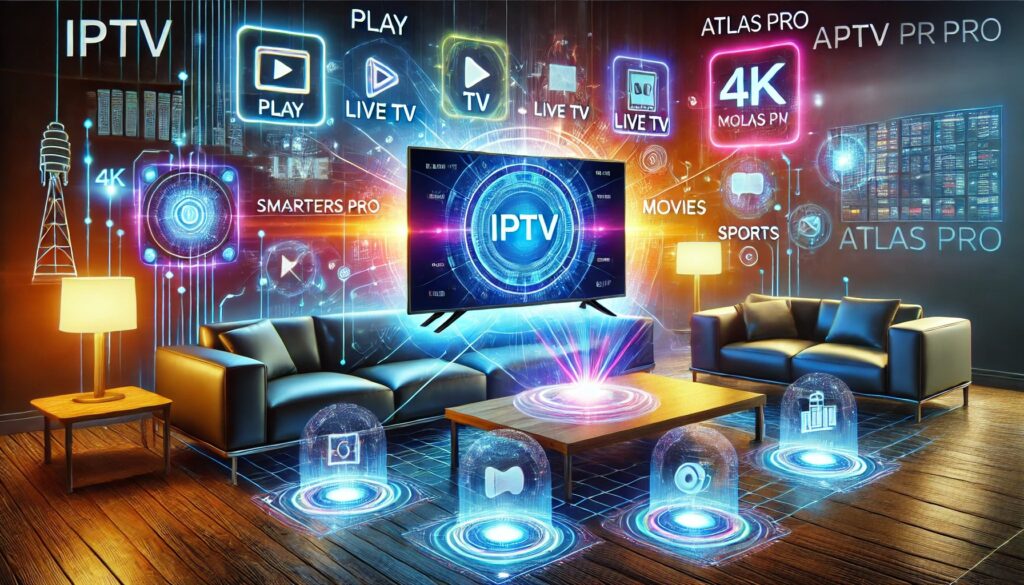 Code IPTV Smarters Pro Gratuit 2025 avec Atlas Pro affiché sur un écran connecté avec des icônes de streaming en 4K