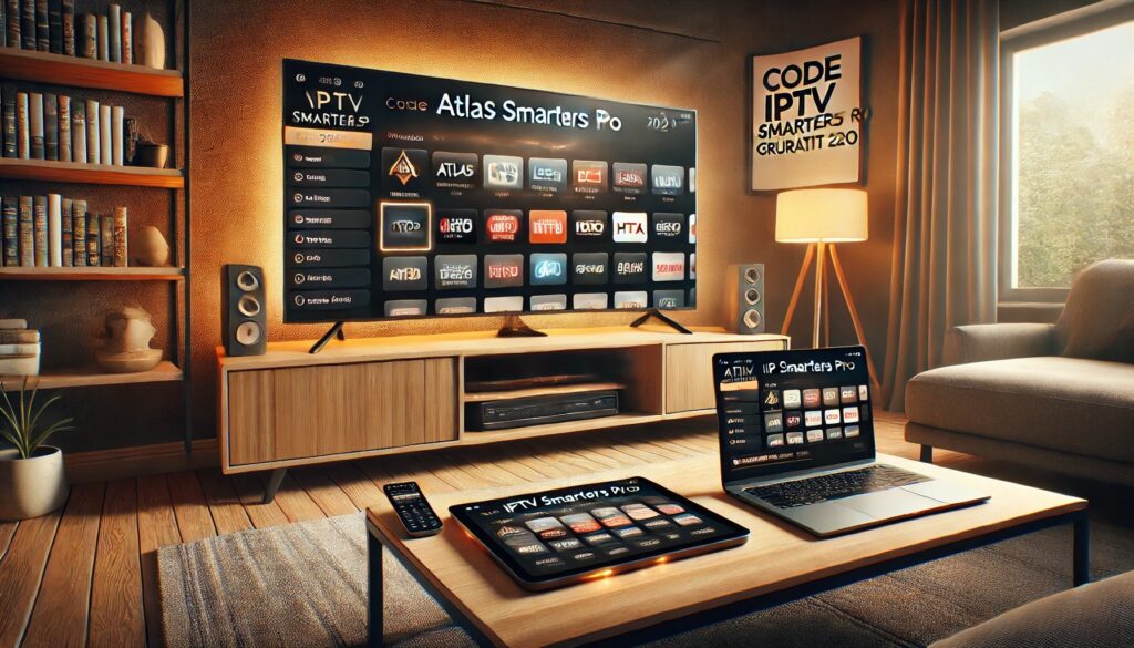 Modern IPTV setup featuring IPTV Smarters Pro on a smart TV, laptop, and tablet in a cozy living room. Highlighting Atlas Pro and Code IPTV Smarters Pro Gratuit 2025 for seamless streaming.