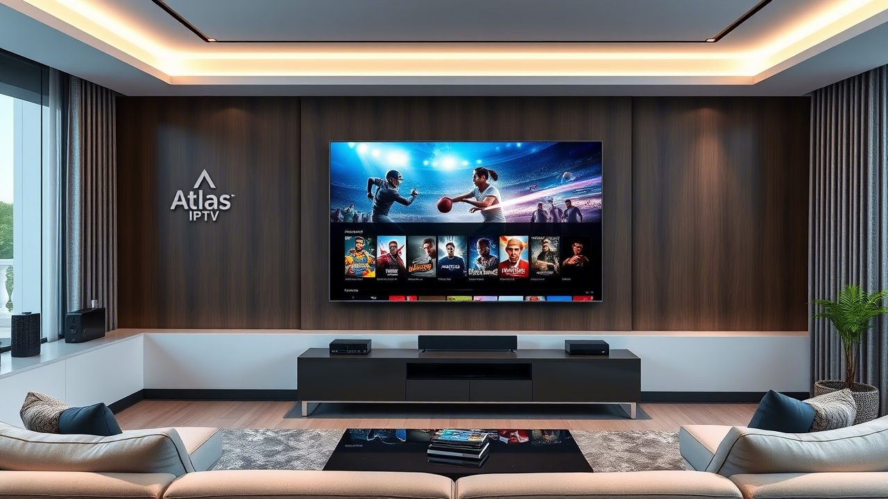 Living room with a large smart TV displaying high-definition Atlas IPTV streaming content like movies, sports, and TV shows. The room has a modern and tech-savvy feel, highlighting a cable-free Atlas IPTV experience."