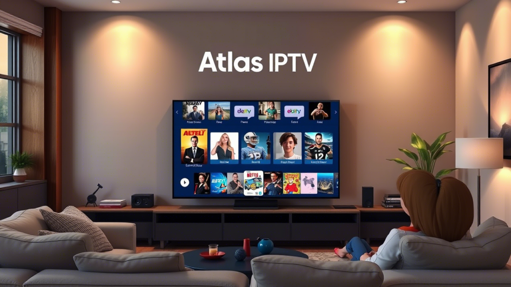 Living room with smart TV showing Atlas IPTV streaming content