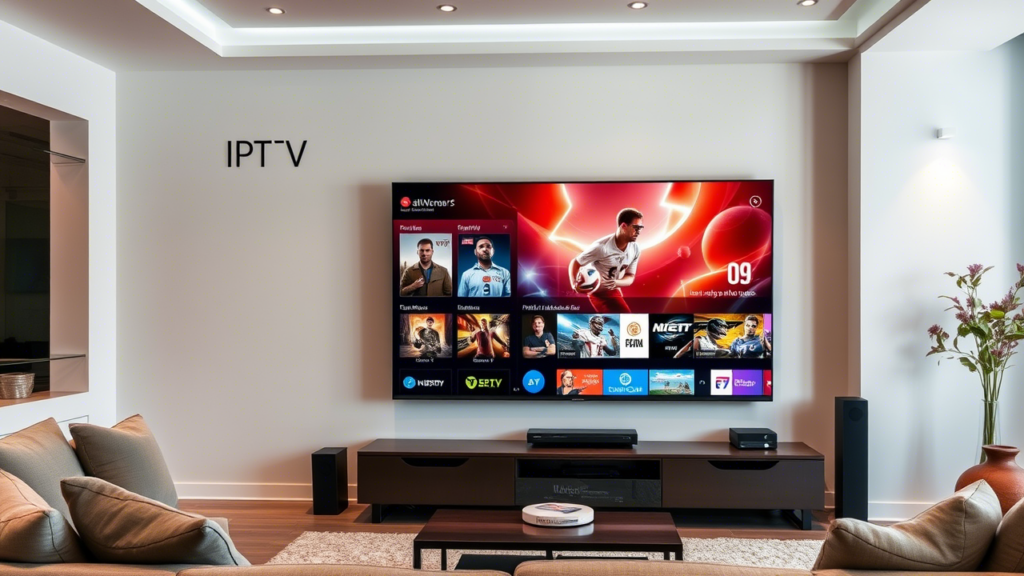 Sleek and futuristic living room with a large smart TV showing Atlas IPTV live streaming content. The room is minimalist and stylish, emphasizing a seamless, cable-free IPTV viewing experience