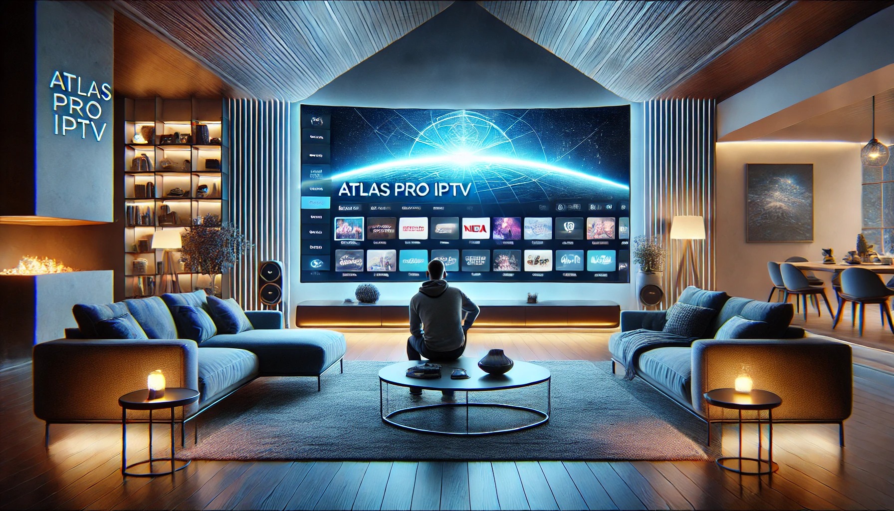 Modern living room with a person watching ATLAS PRO IPTV on a large smart TV, displaying various channels and content, showcasing the seamless and immersive viewing experience.