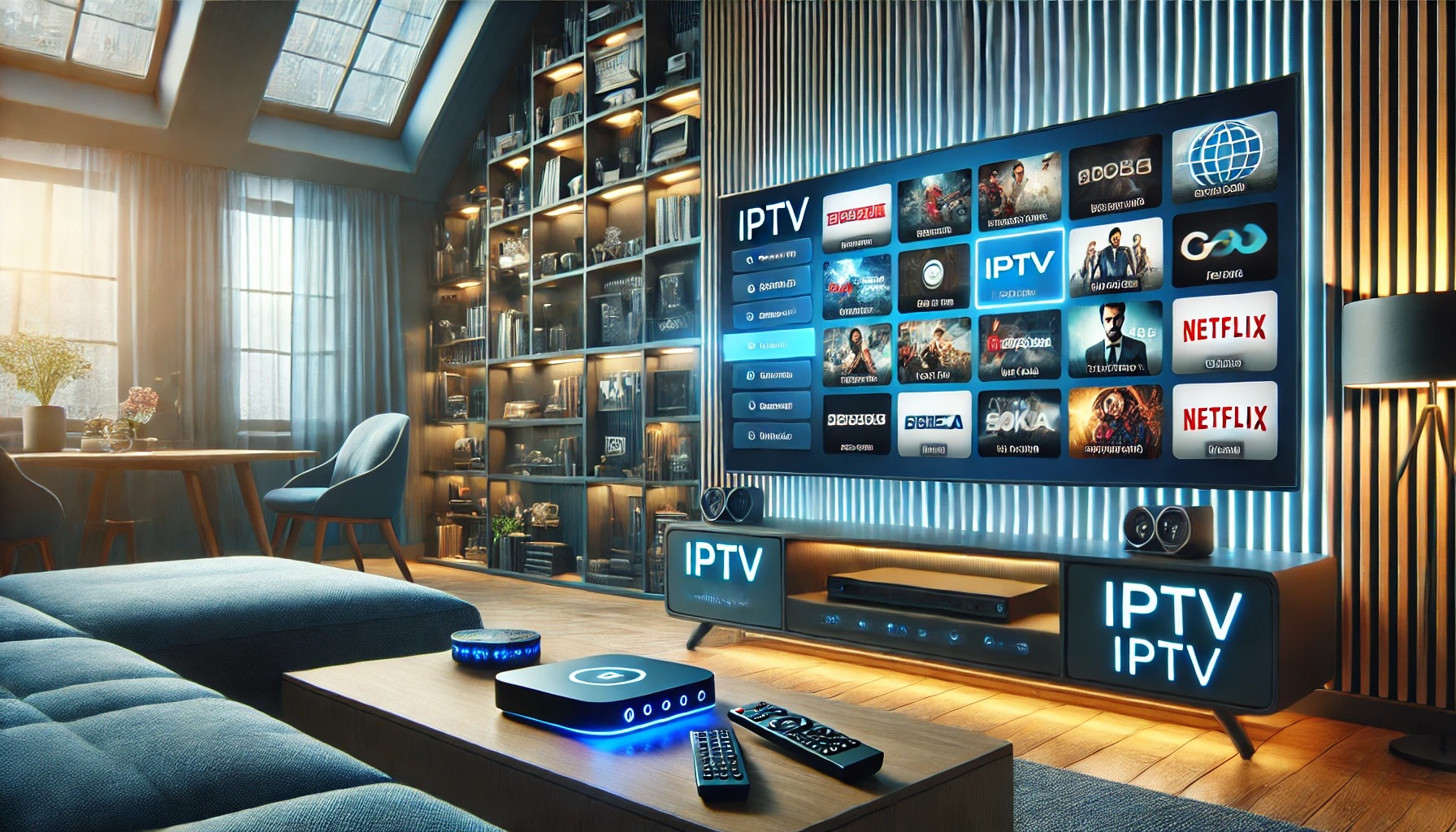 This is an image of a modern living room with a cozy, minimalist design. In the foreground, there is a comfortable blue sofa with a wooden table in front of it, which holds an IPTV device, a remote control, and a small decorative object. The TV in the background features a glowing IPTV interface with various streaming options and Netflix logos. To the side, there is a stylish, well-lit bookshelf filled with books and decorative items. The room is illuminated by soft natural light from large windows above, creating a warm, inviting atmosphere. The space also includes a pair of small speakers near the TV console.