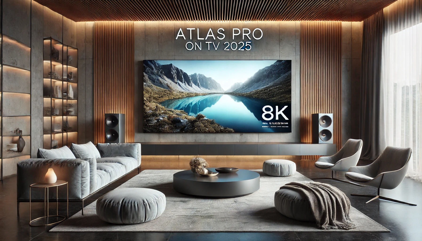 A sleek, futuristic living room with modern, high-end furniture. A large TV screen displays a vibrant, detailed 8K cinematic or nature scene. The room is stylish with minimalistic decor and soft lighting. The title 'Atlas Pro on TV 2025' is shown in bold, contemporary font at the top, with the subtitle 'Le Secret d’une Expérience Inégalée' beneath it. The Atlas Pro logo is located in the bottom right corner of the image