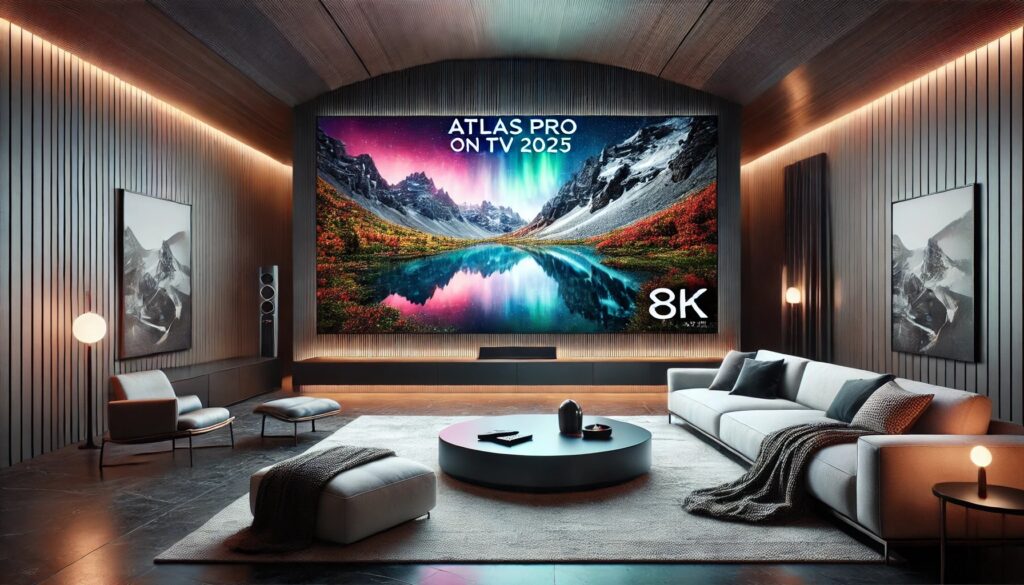 A sleek, modern living room featuring high-end, minimalist furniture. A large TV displays a vibrant 8K nature scene or cinematic shot. The room has soft ambient lighting and contemporary decor. The title 'Atlas Pro on TV 2025' is prominently displayed in bold, modern font at the top, with the subtitle 'Le Secret d’une Expérience Inégalée' in a smaller font below. The Atlas Pro logo is subtly placed in the bottom right corner