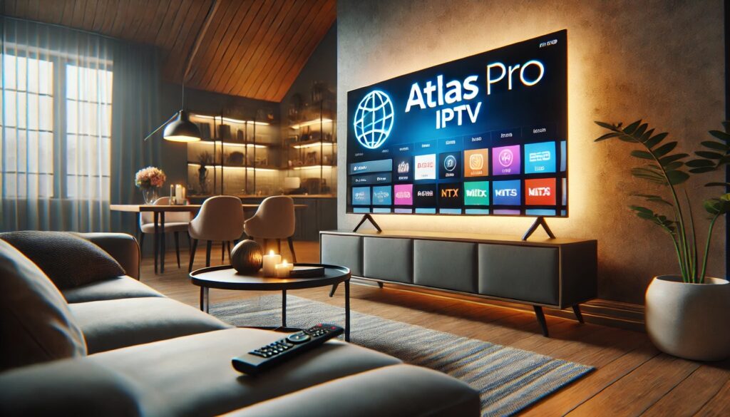 Modern living room with a cozy setup, featuring a large flat-screen TV displaying the flix IPTV interface, showcasing high-definition content for an enhanced flix IPTV experience