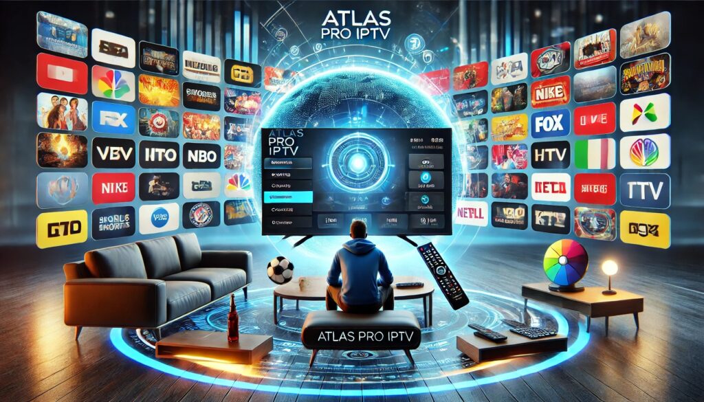 "User enjoying ATLAS PRO IPTV on a modern TV in a cozy living room, surrounded by various entertainment options like sports, movies, and live TV channels, showcasing net IPTV quality."