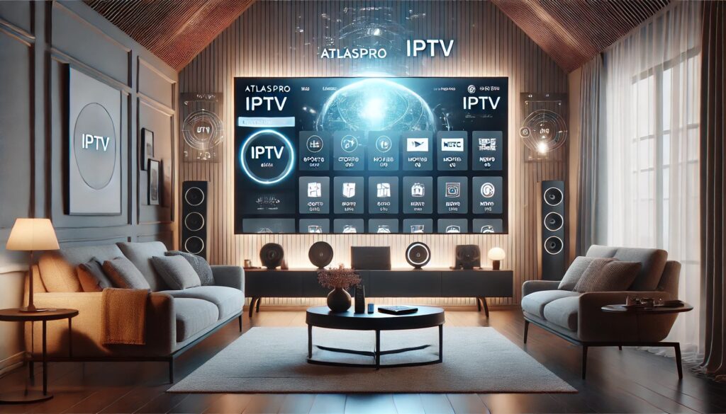 AtlasPro : Modern living room with a large smart TV displaying the AtlasPro IPTV service, featuring various entertainment options like movies, sports, and TV shows. The room is stylish and contemporary, with soft ambient lighting, sleek furniture, and a clean design, emphasizing the immersive and user-friendly nature of the IPTV interface.